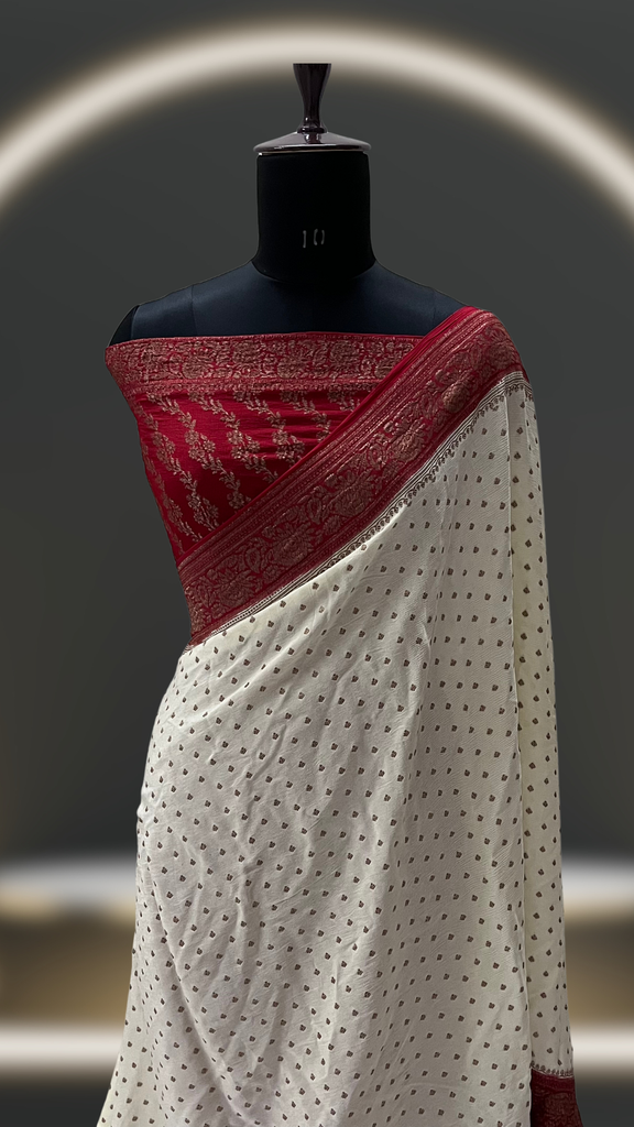BENGALI TRADITION INSPIRED MOST AESTHETIC PURE KHADDI CREPE HANDLOOM BANARASI SAREE OFF WHITE & RED COLOUR