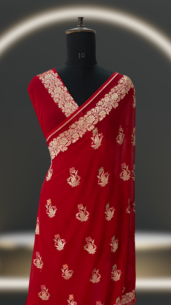 RED KHADDI GEORGETTE Alfi Mina handloom pure BANARASI SAREE 