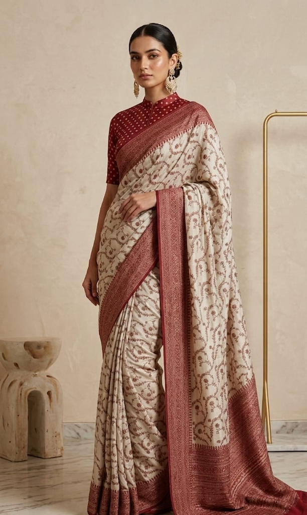THE RED AND OFF WHITE JAAL Pure Khaddi Crepe Chiffon Handloom Banarasi Saree from VVERSE