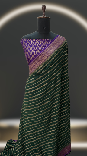 STRIPE PATTERN PURE KHADDI CREPE CHIFFON HANDLOOM BANARASI SAREE (Bottle Green & Deep Purple Shade)