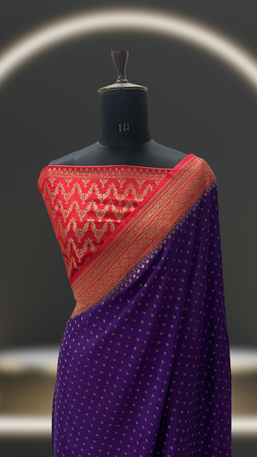 PURPLE & RED PURE KHADDI CREPE CHIFFON HANDLOOM BANARASI SAREE