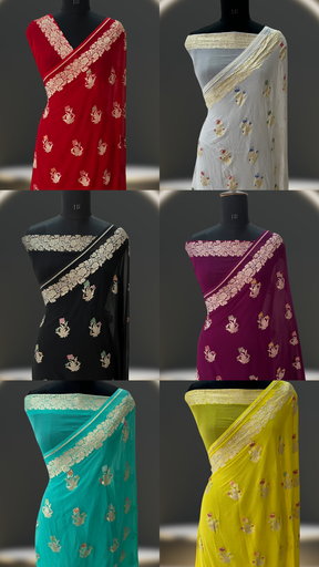 SET OF 6 SAREES IN  KHADDI GEORGETTE Alfi Mina handloom pure BANARASI SAREE (RED, WHITE, BLACK, WINE, SEA GREEN, YELLOW)
