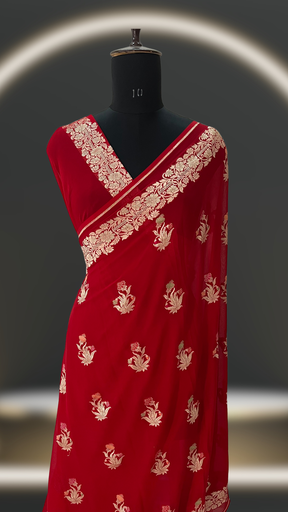 RED KHADDI GEORGETTE Alfi Mina handloom pure BANARASI SAREE 