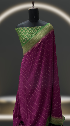 Wine And Green Pure Khaddi Crepe Chiffon Handloom Banarasi Saree from VVERSE