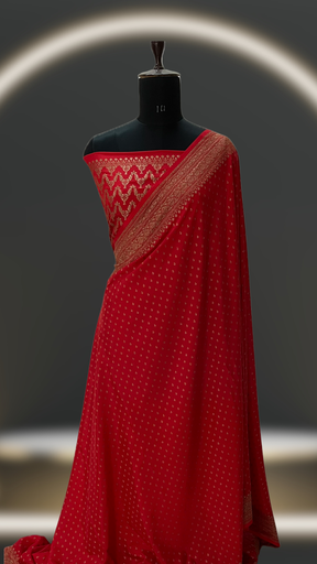  BRIDAL RED Pure Khaddi Crepe Chiffon Handloom Banarasi Saree from VVERSE