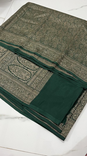 BOTTLE GREEN BROCADE Handloom PURE Banarasi Saree from VVERSE