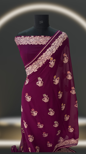WINE Khaddi Georgette Pure Handloom Alfi Mina banarasi saree